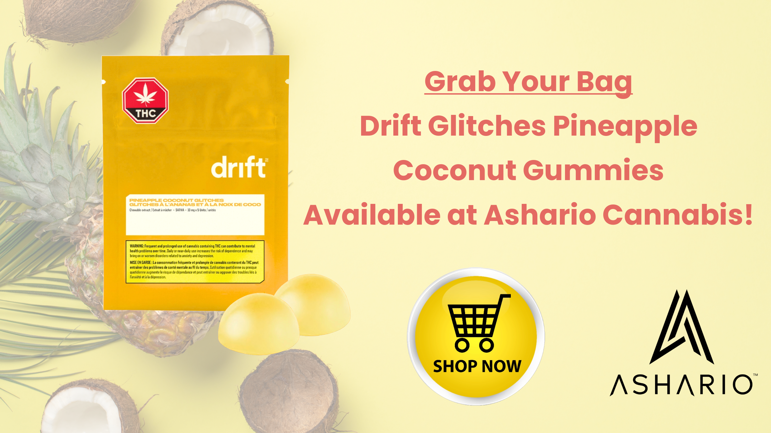 Embark on a tropical journey with Drift Pineapple Coconut Glitches, the must-try 50mg THC gummies that promise a blissful experience.