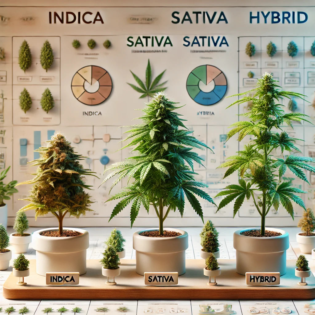 An informative guide on choosing the best cannabis strain, featuring images of Indica, Sativa, and Hybrid strains available at Ashario Cannabis Dispensary.